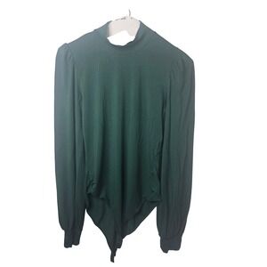 MangoPop Womens Mock Neck Puff Sleeve Bodysuit Forest Green Small Long Sleeve